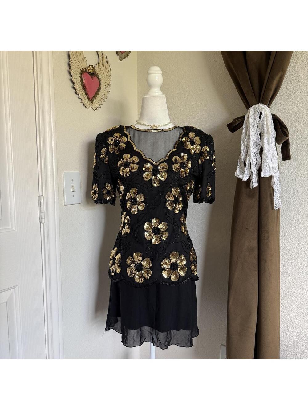 Vintage 1980s Stenay Black Gold Silk Sequin Beaded Floral Blouse Women's Small